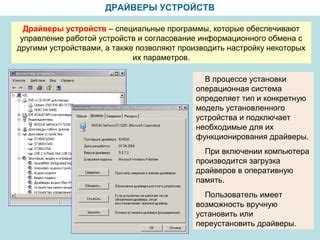 Драйверы устройств - обеспечивают взаимодействие с железом