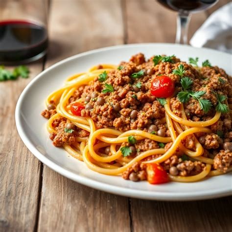 Макароны с мясным соусом и овощами